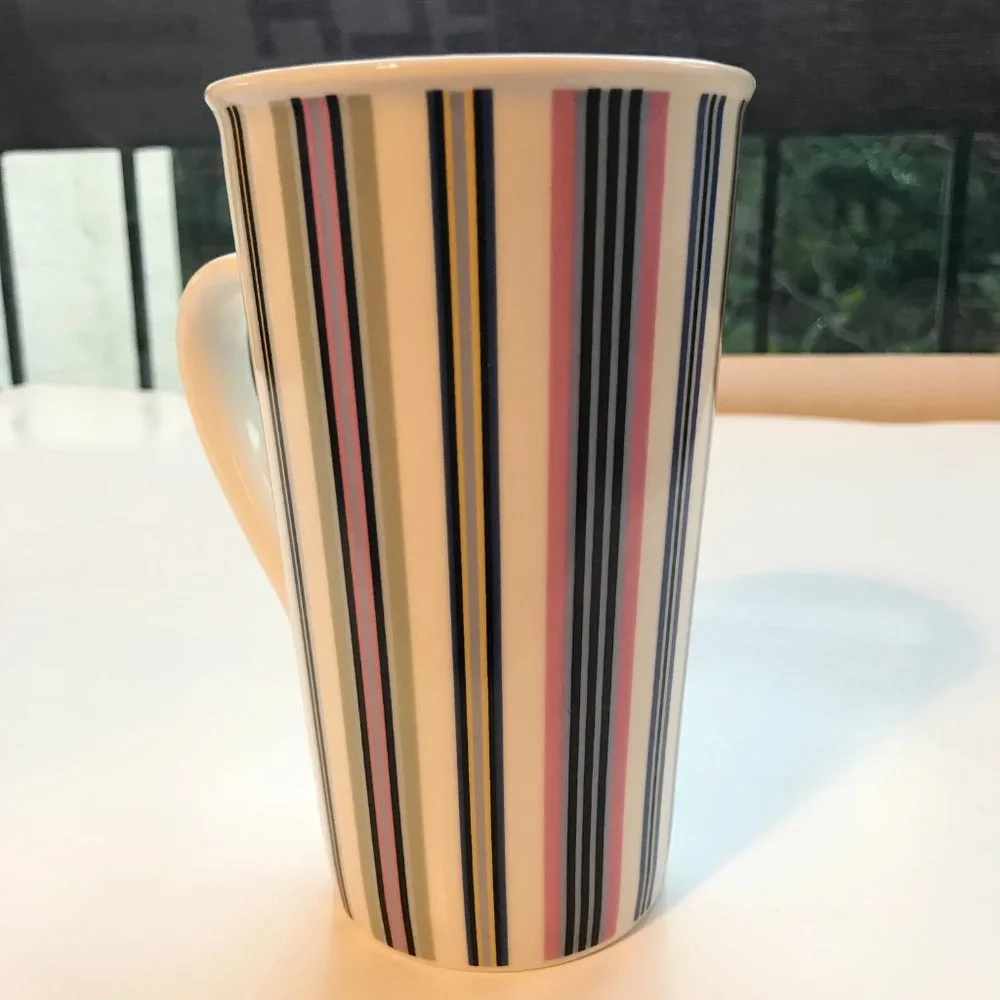 Starbucks Tall Ceramic Candy Striped Coffee Mug Cup Green Pink Blue Yellow